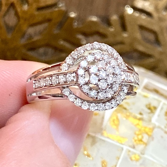 Genuine 1 Carat Diamond Flower Cluster Double Halo Ring ~ Triple Band Ring - Picture 10 of 15